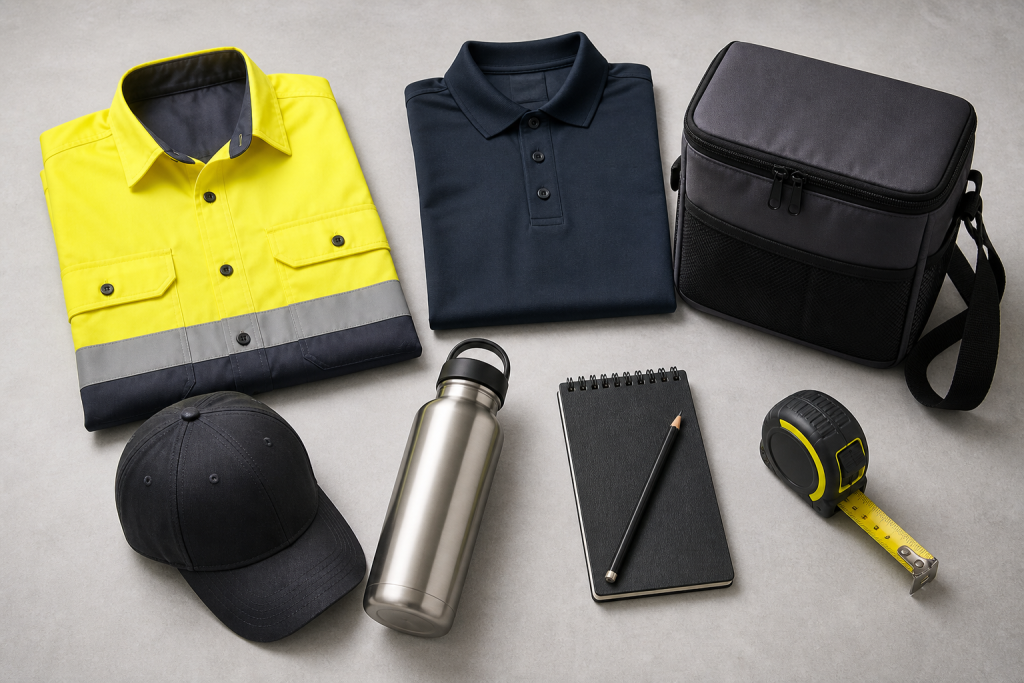 Practical merchandise line-up: hi-vis shirt, polo, cap, bottle, cooler bag and stationery
