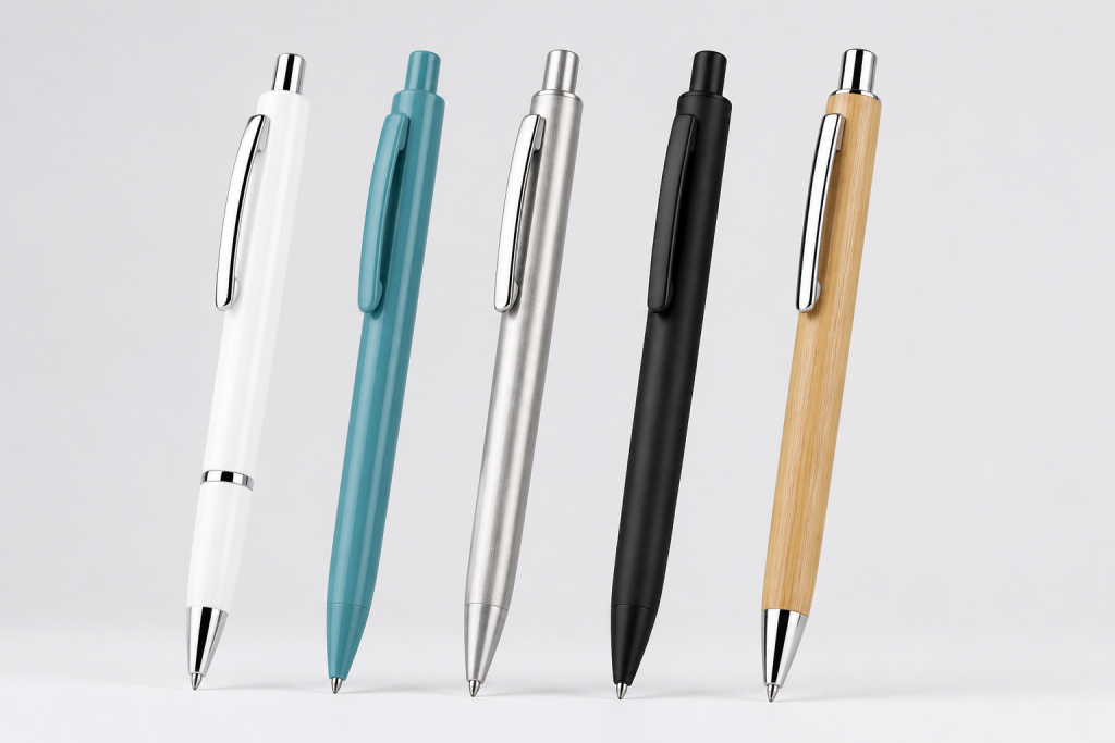 Plastic, metal, gel and bamboo pen barrels compared side by side