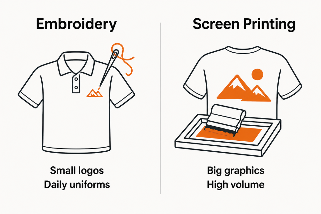 Two column comparison of embroidery and screen printing strengths for workwear